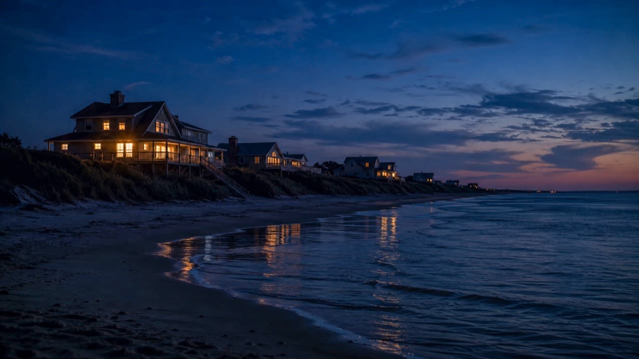 Dauphin Island beachfront homes at dusk with porch lights reflecting on the shoreline.