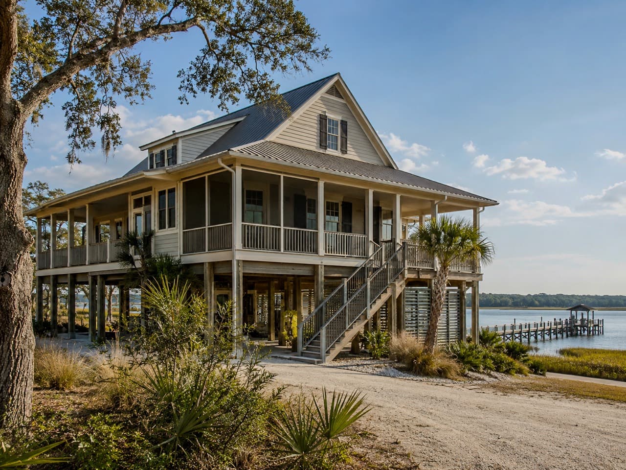 Raised coastal waterfront home with a wraparound porch beside the bay.