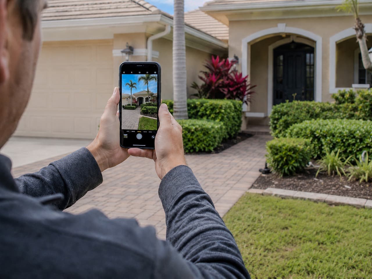 A home watch visit being documented with a smartphone photo at the front entry.